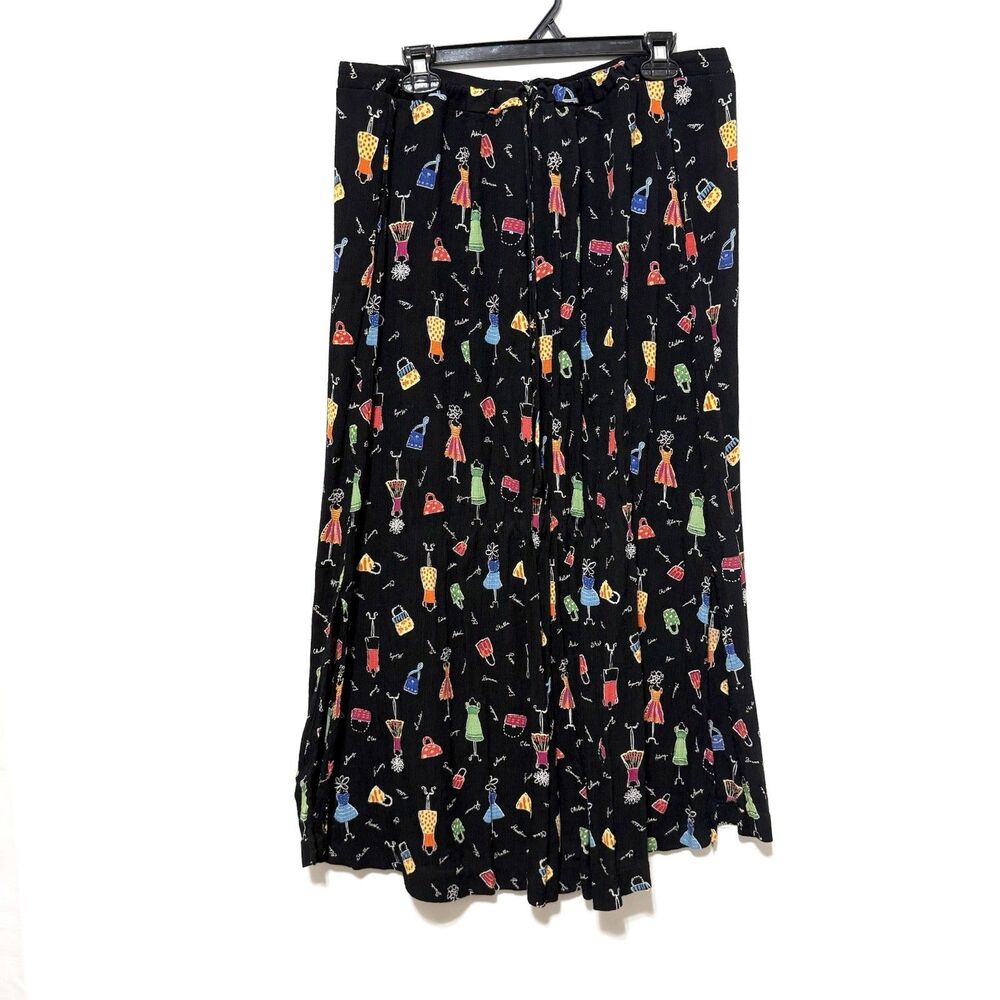 Vintage Stonebridge Womens 1X Black Novelty Print Pull On Midi Skirt Rayon